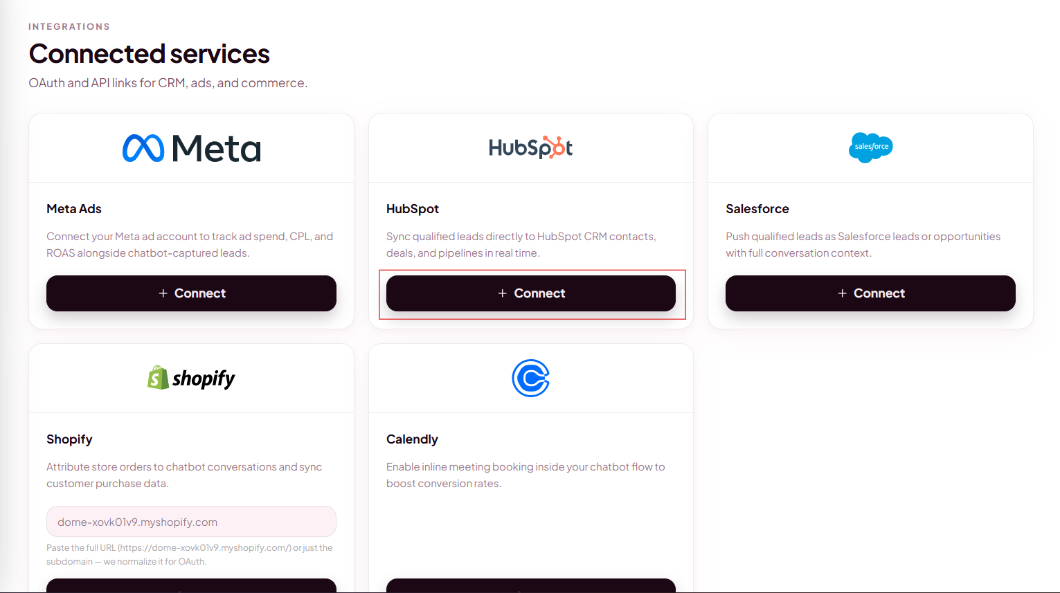Dome Integrations page showing the HubSpot card with a Connect button