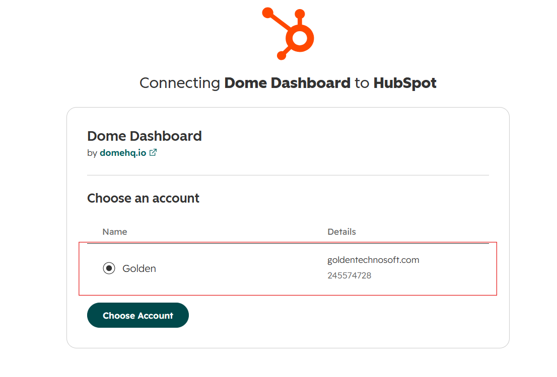 HubSpot screen for selecting which account to connect to Dome