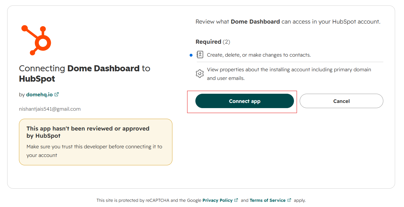 HubSpot OAuth scope approval screen showing crm.objects.contacts.write
