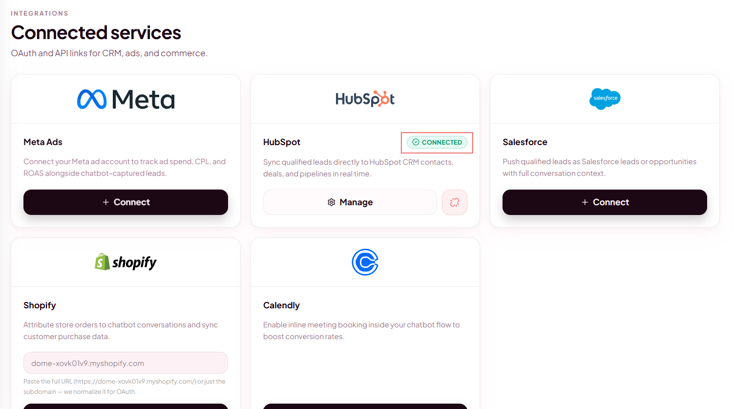 Dome Integrations page showing HubSpot connected