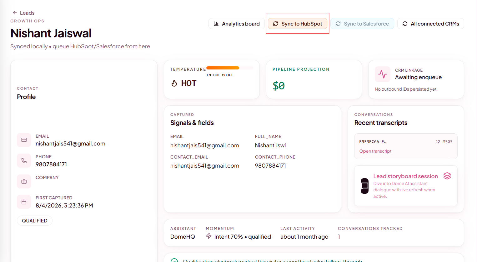 Dome lead detail page showing the Sync to CRM action