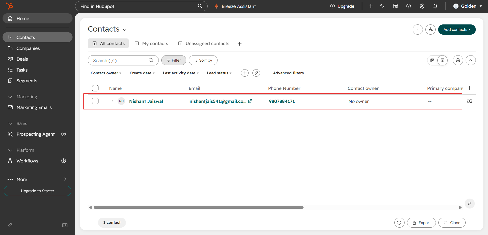 HubSpot contact record created from a Dome lead