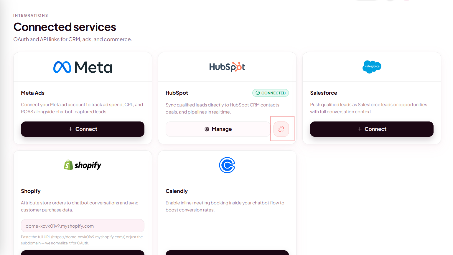 Dome Integrations page HubSpot card with Disconnect action