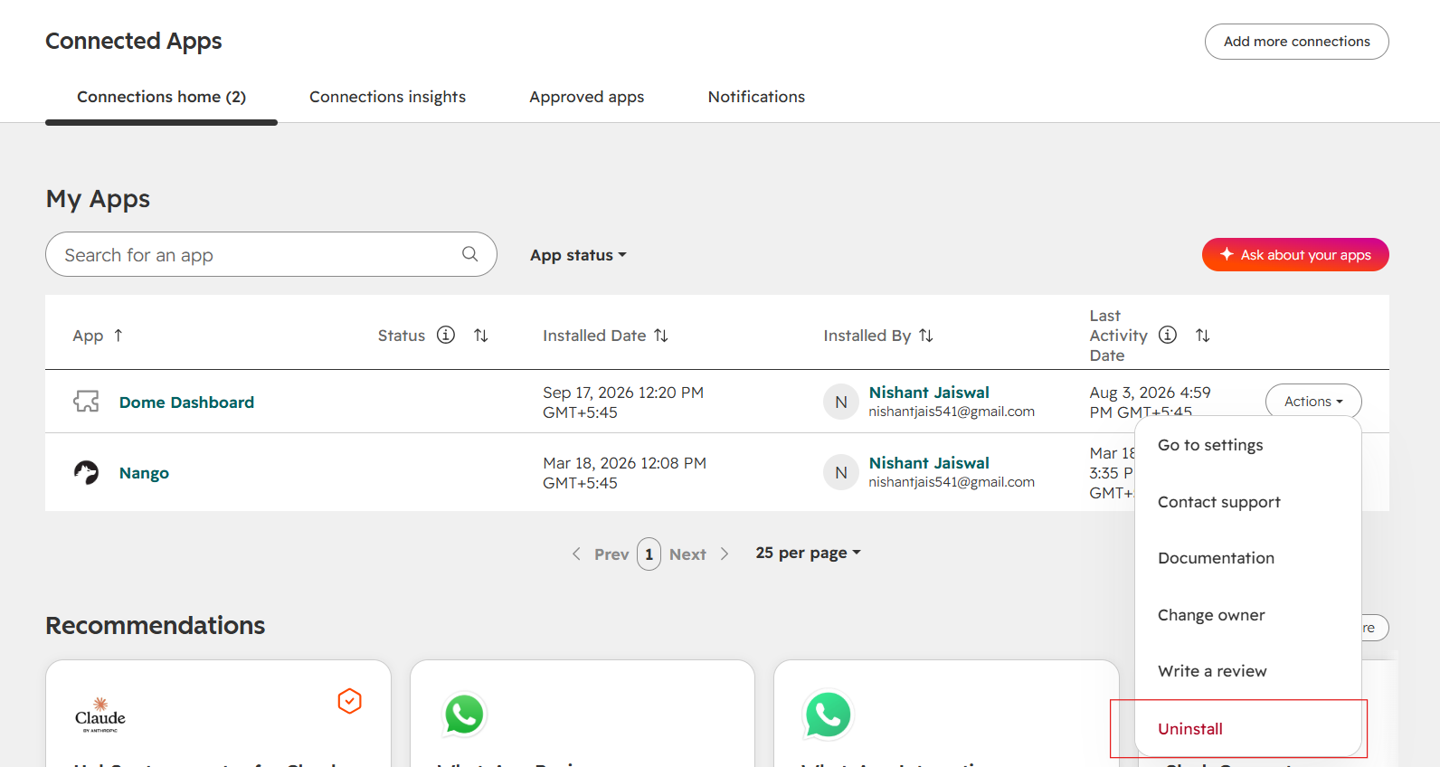 HubSpot Connected Apps screen showing how to uninstall Dome